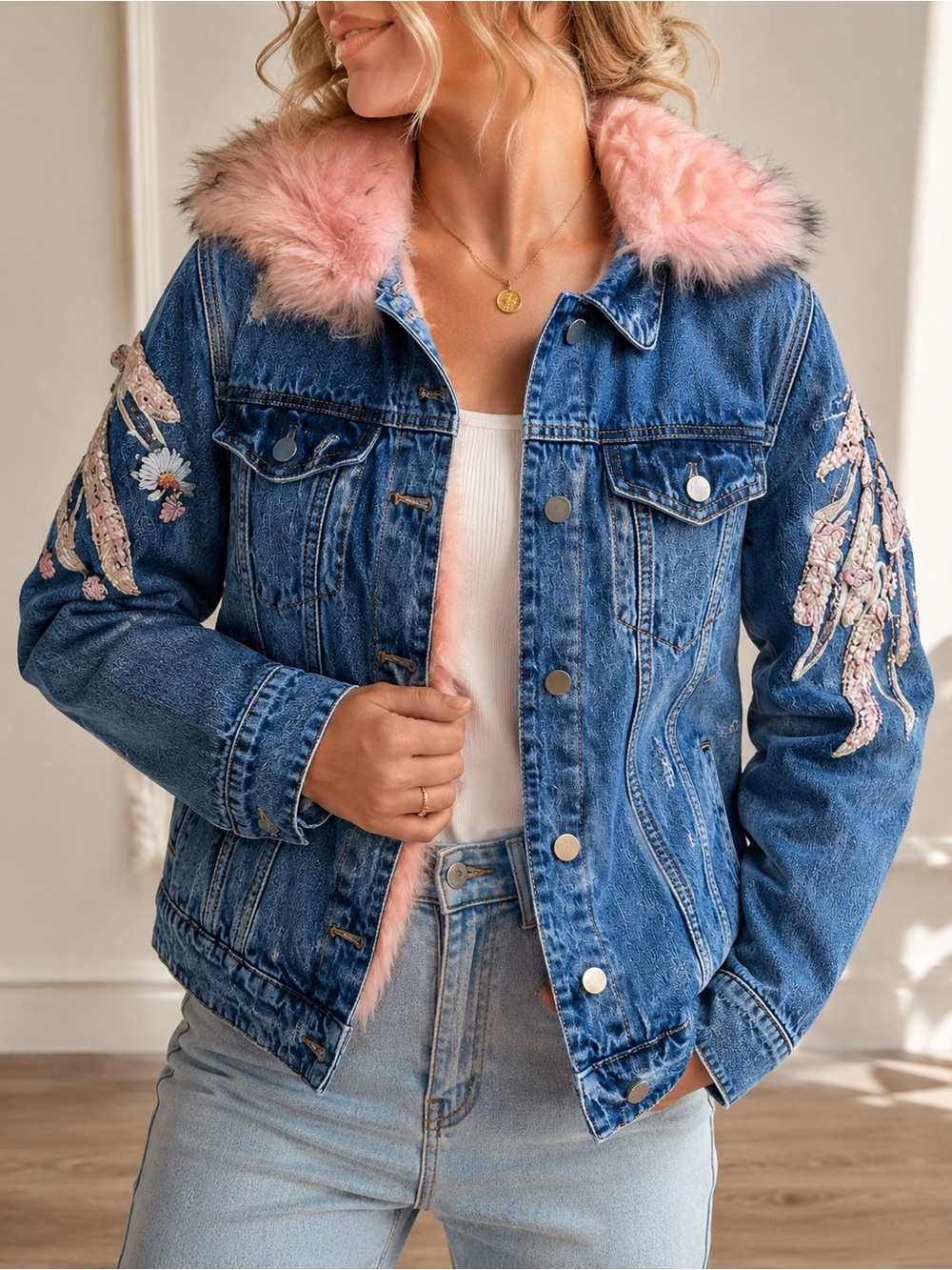 MISS 60 π Jean Jacket with Pink Faux-Fur Trim and Embroidered Sleeves